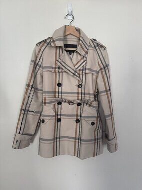 Coach New York tattersall beige plaid trench coat work business light academia